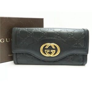 Auth GUCCI Shima Line Gold GG Logo Long Wallet Black Italy comes with box!!!